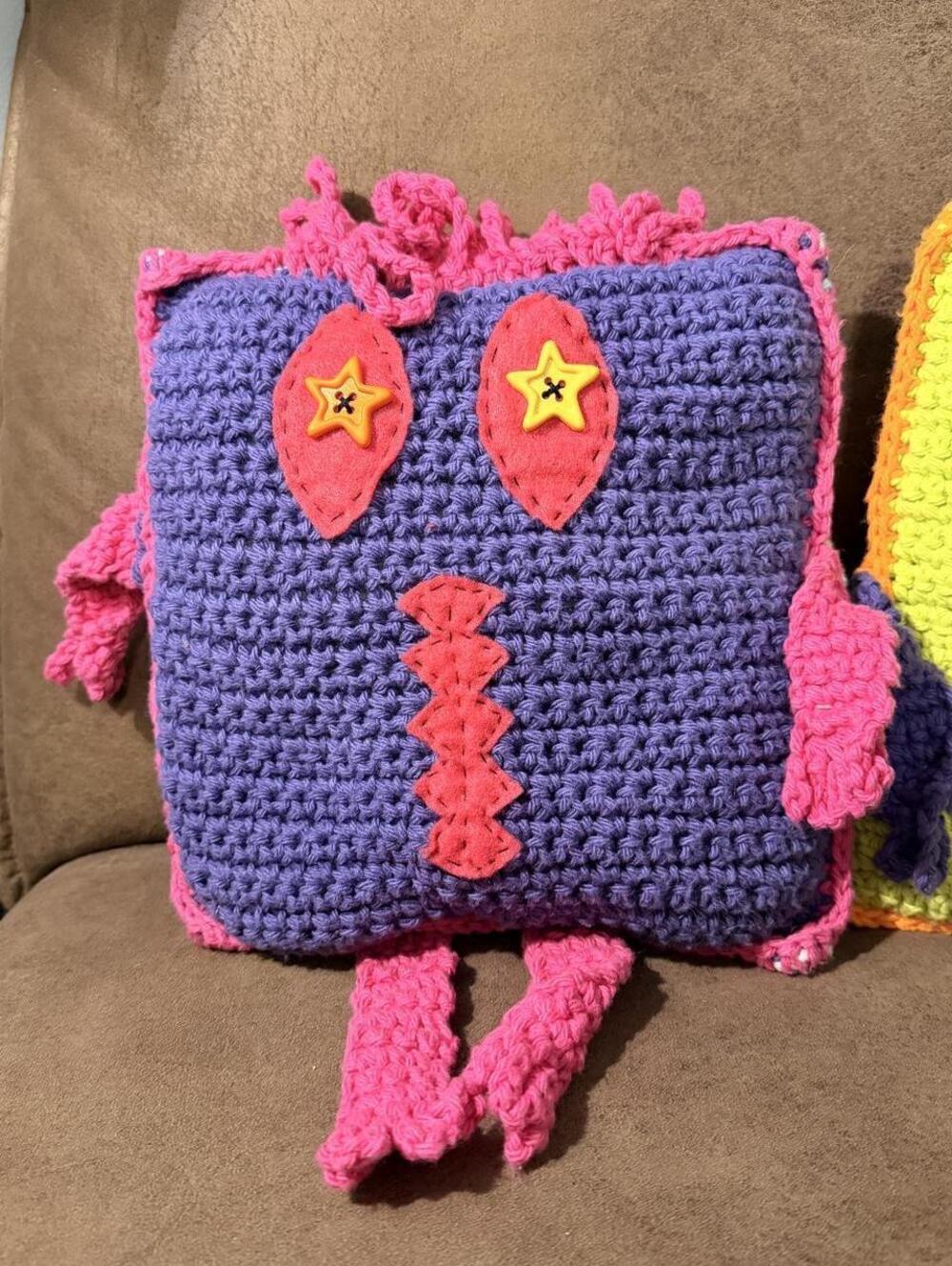 Unique Handmade Crochet Monster Pillows Set of 2 Square Stuffed Character Plush - Picture 2 of 6